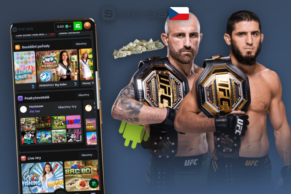 Weiss Casino mobile v tmavém režimu s kategoriemi Kasino, Sport a Live na displeji